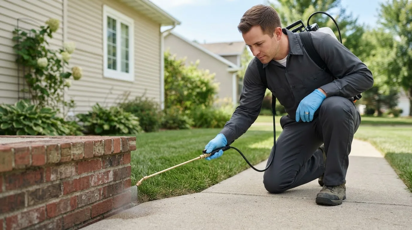 Pest control technician treating a home near Stevens, PA
